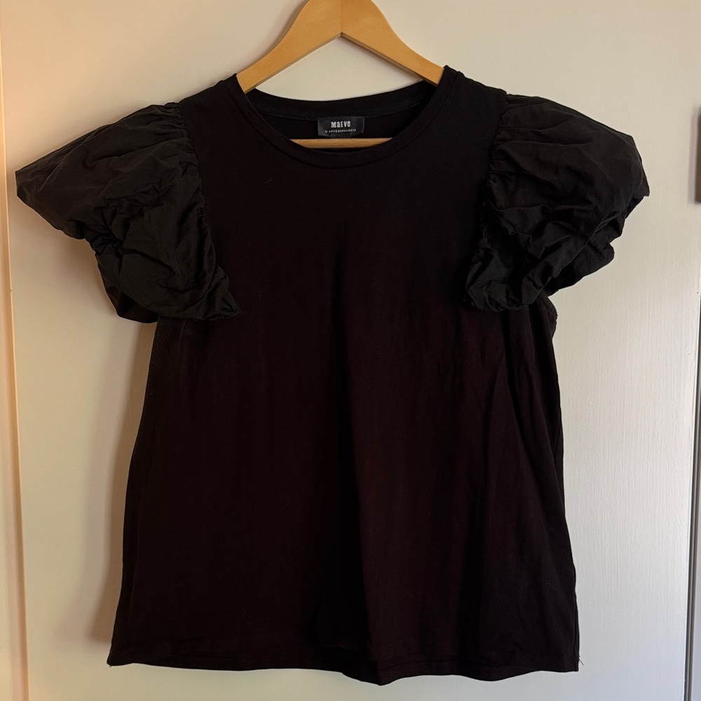 Maeve Black Short Sleeve Top with Ruffled Sleeves